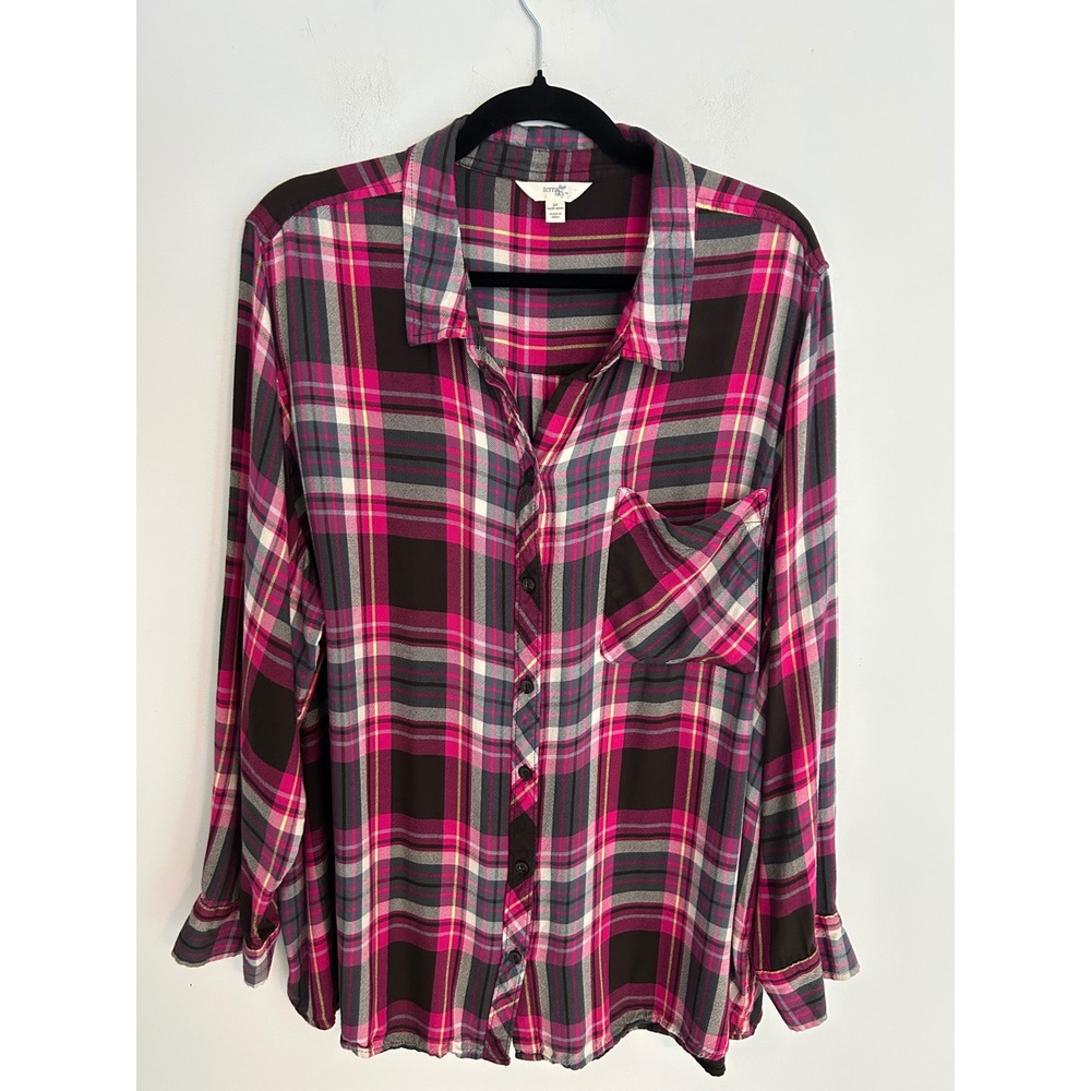 Terra & Sky Women 3X Pink Black Plaid Button Down Viscose Flannel Long Sleeve